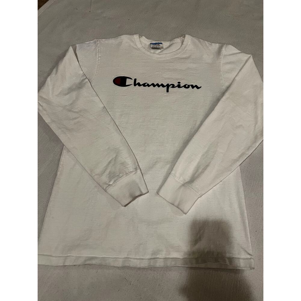 Vintage Champion Long Sleeve Shirt – White, Size Medium, Pre-Worn with Wear